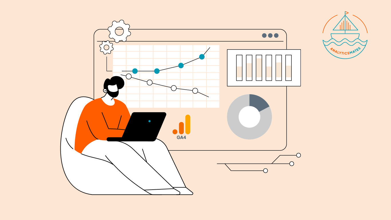 Illustration of a person using a laptop to analyze GA4 performance metrics, featuring charts and graphs representing website traffic trends and data insights.